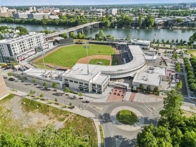 bird's eye view with a water view