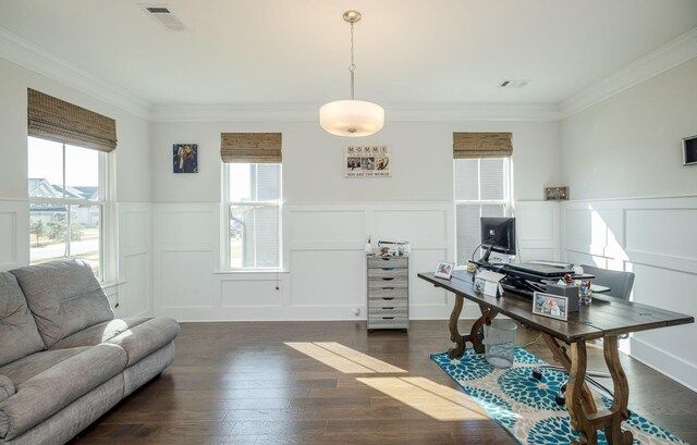 office space with a wealth of natural light, dark wood-type flooring, and ornamental molding