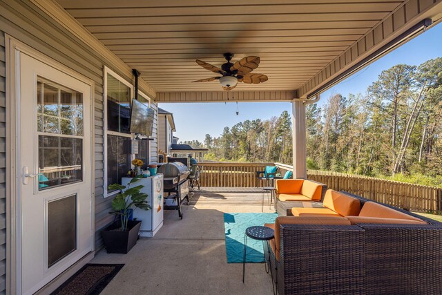 view of patio / terrace featuring outdoor lounge area, ceiling fan, and a grill