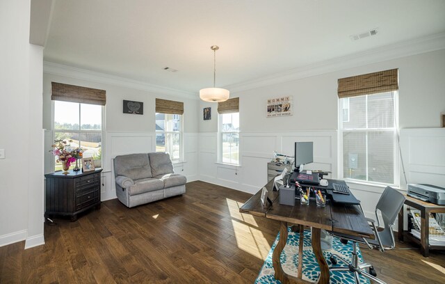 office space with plenty of natural light and dark wood-type flooring