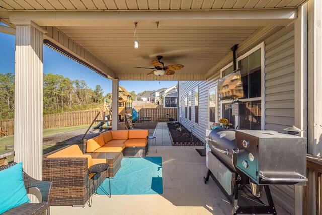 view of patio / terrace featuring outdoor lounge area and ceiling fan