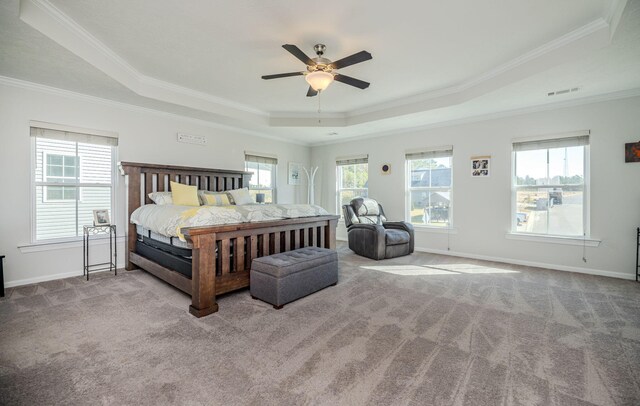 bedroom with ceiling fan, crown molding, and a tray ceiling