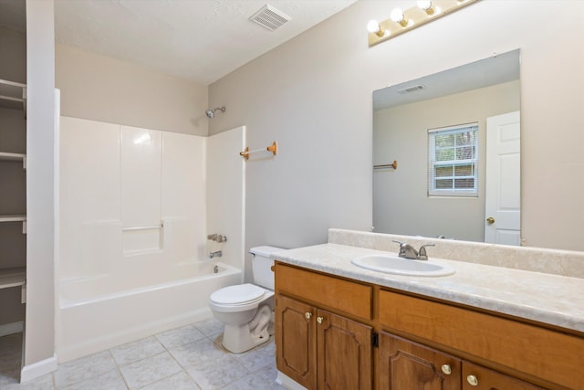 bathroom featuring  shower combination, vanity, visible vents, and toilet