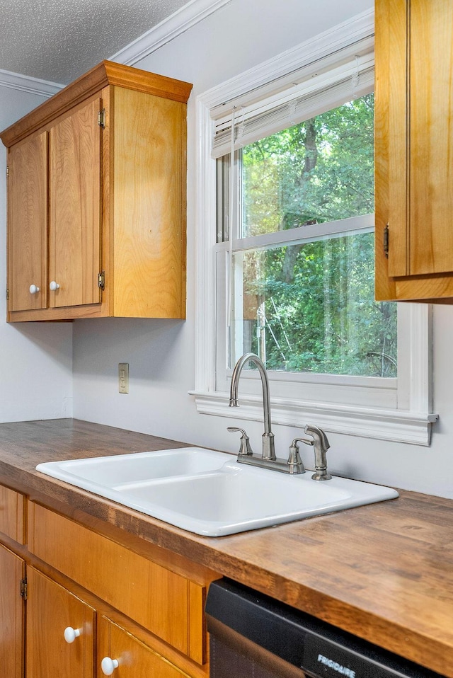 134 Robin Rd, Barnwell, SC 29812 - kitchen with crown molding, wood counters, stainless steel dishwasher, and brown cabinets