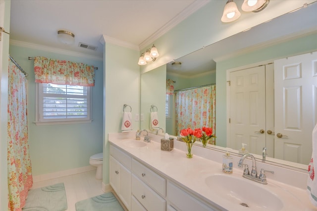 3501 Lonesome Pine Ct, Martinez, GA 30907 - full bathroom with double vanity, ornamental molding, toilet, baseboards, and tile patterned flooring