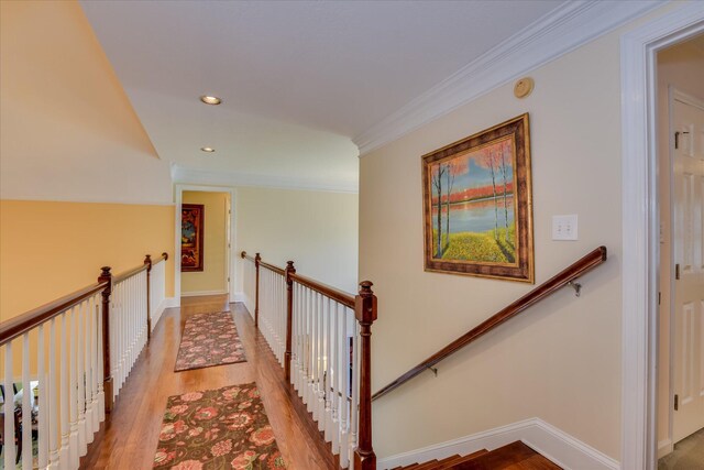 3501 Lonesome Pine Ct, Martinez, GA 30907 - hallway featuring an upstairs landing, light wood finished floors, recessed lighting, ornamental molding, and baseboards
