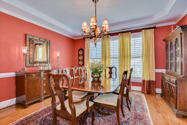 3501 Lonesome Pine Ct, Martinez, GA 30907 - dining space featuring a chandelier, light wood-type flooring, ornamental molding, baseboards, and a raised ceiling