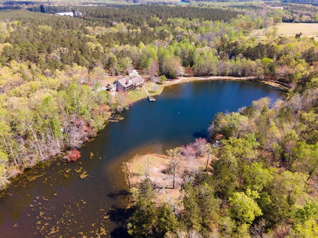 birds eye view of property featuring a water view and a wooded view