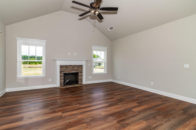 unfurnished living room with high vaulted ceiling, a fireplace, visible vents, baseboards, and dark wood-style floors