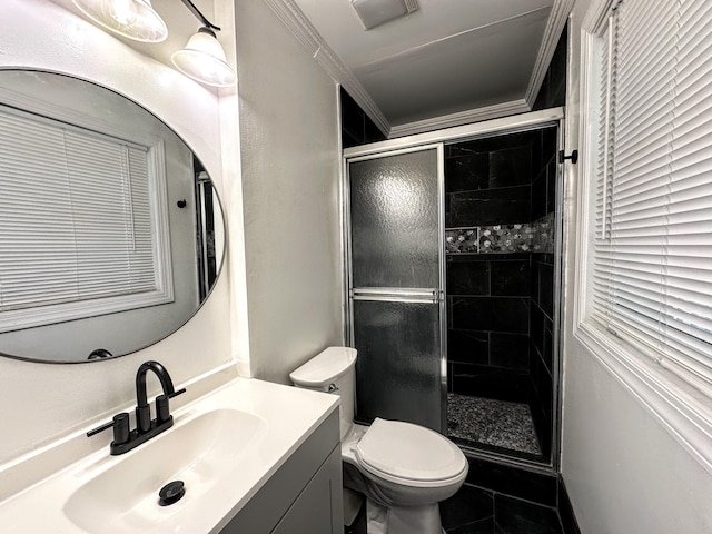1735 Goshen Rd, Augusta, GA 30906 - full bathroom with toilet, vanity, visible vents, crown molding, and a shower stall