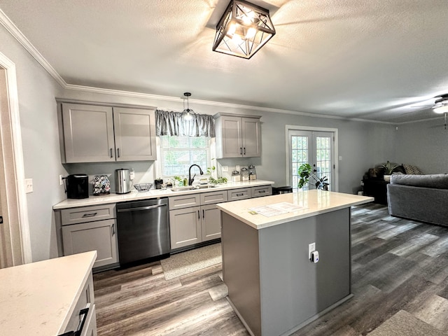 1735 Goshen Rd, Augusta, GA 30906 - kitchen with a sink, crown molding, stainless steel dishwasher, dark wood-style flooring, and gray cabinetry