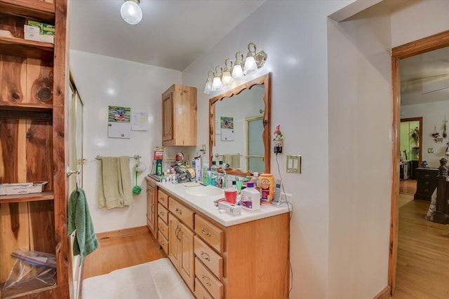 bathroom with hardwood / wood-style floors and vanity