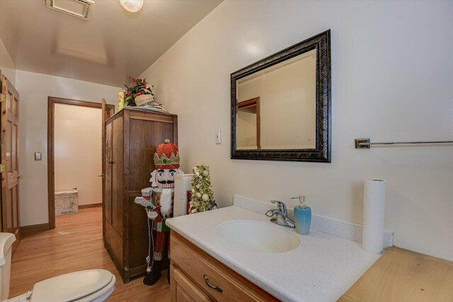 bathroom with vanity, wood-type flooring, and toilet