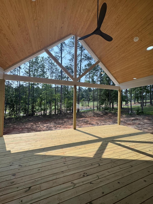 314 Hancock Cir, Mccormick, SC 29835 - wooden terrace with a ceiling fan and view of wooded area