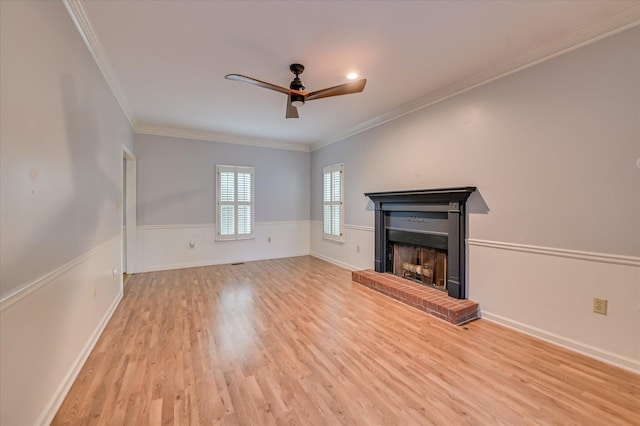 227 Water Oak Dr, Augusta, GA 30904 - unfurnished living room with a ceiling fan, light wood finished floors, a fireplace, and crown molding