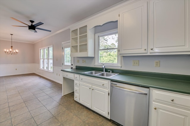 227 Water Oak Dr, Augusta, GA 30904 - kitchen featuring dishwasher, ornamental molding, tile patterned flooring, a chandelier, and ceiling fan