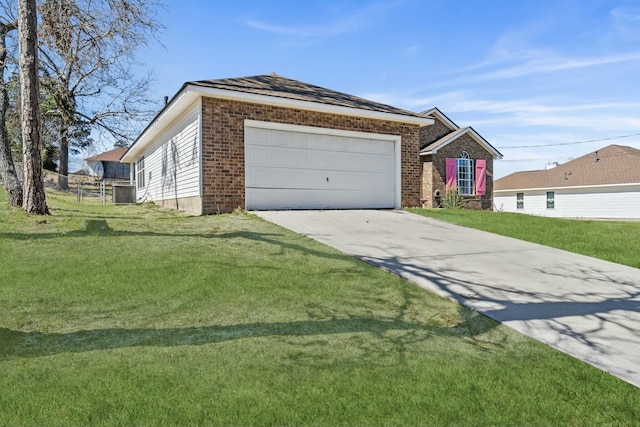 ranch-style home with an attached garage, brick siding, concrete driveway, and a front yard