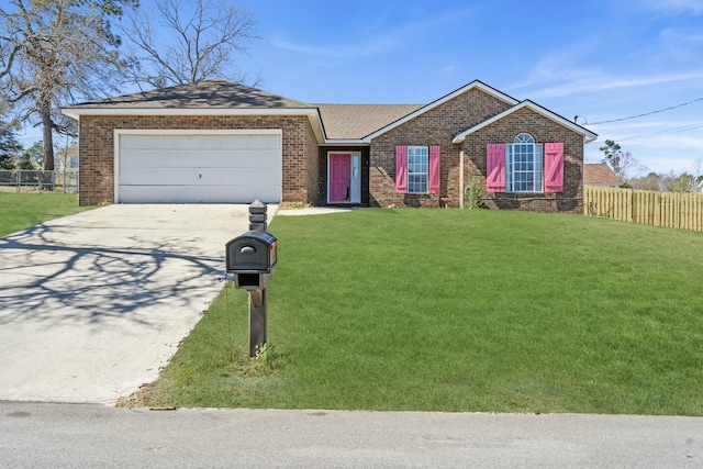 single story home with an attached garage, brick siding, fence, concrete driveway, and a front yard