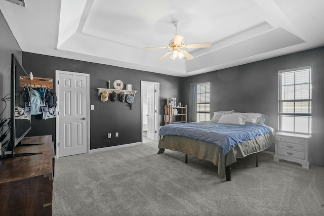 bedroom with multiple windows, carpet, and a raised ceiling