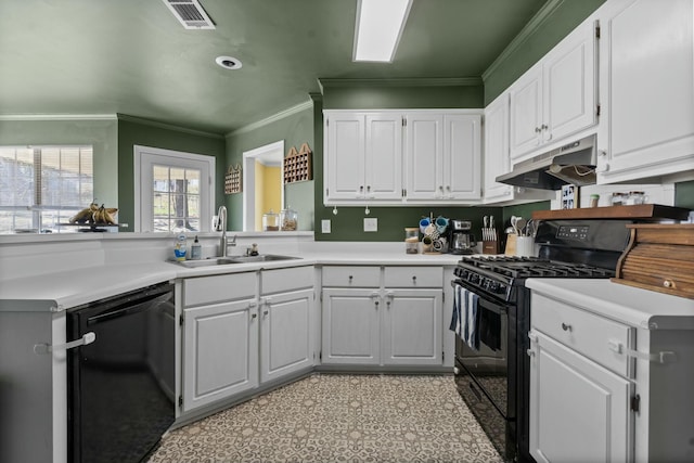 kitchen with visible vents, ornamental molding, under cabinet range hood, black appliances, and a sink