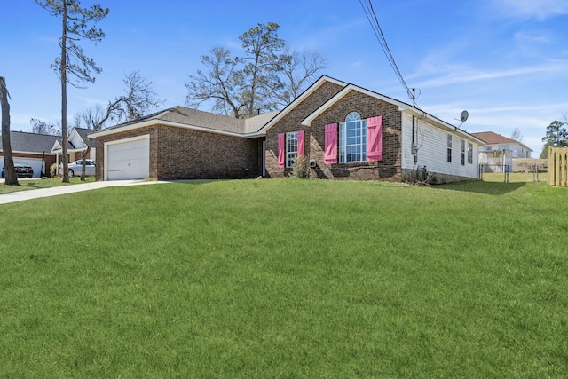 ranch-style home featuring an attached garage, brick siding, a front yard, and fence