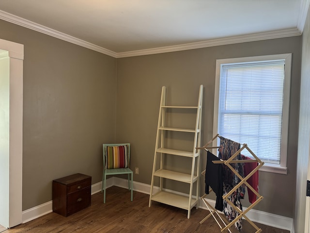 miscellaneous room featuring ornamental molding, baseboards, and wood finished floors