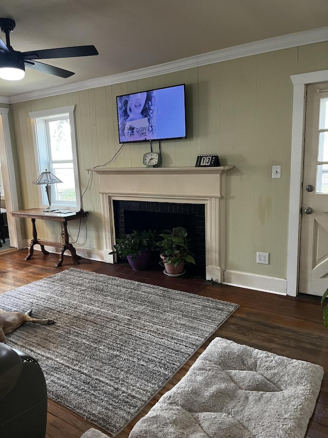 living area with ceiling fan, baseboards, ornamental molding, a fireplace, and wood finished floors