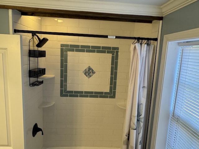 full bathroom with shower / tub combo with curtain and ornamental molding