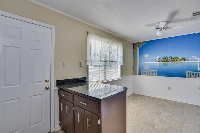 kitchen featuring ceiling fan, dark brown cabinets, and a textured ceiling