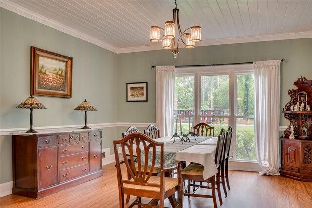 710 Somerset Way, Augusta, GA 30909 - dining room with a chandelier, light wood-type flooring, crown molding, and wood ceiling
