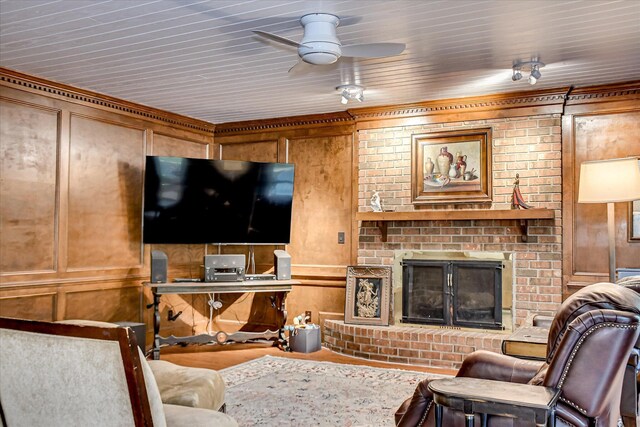 710 Somerset Way, Augusta, GA 30909 - living area with ceiling fan, a brick fireplace, a decorative wall, and ornamental molding