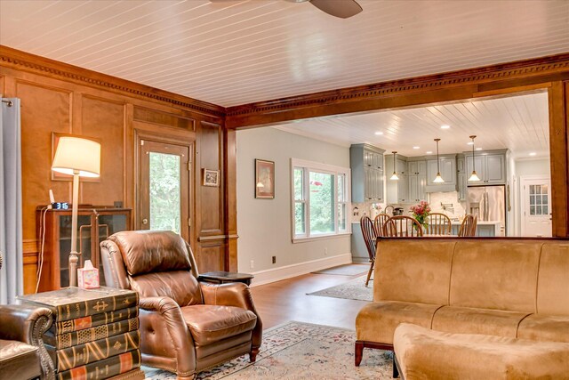 710 Somerset Way, Augusta, GA 30909 - living area featuring ornamental molding, a ceiling fan, light wood-type flooring, recessed lighting, and wooden ceiling