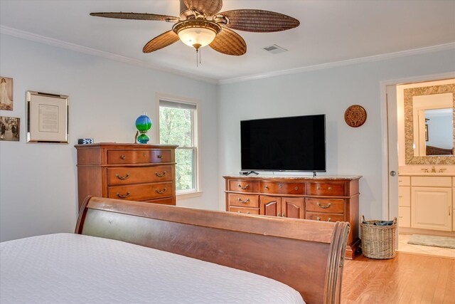 710 Somerset Way, Augusta, GA 30909 - bedroom with light wood-style flooring, crown molding, ensuite bathroom, and a ceiling fan