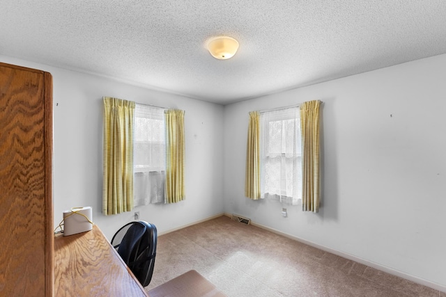 carpeted office space featuring a textured ceiling