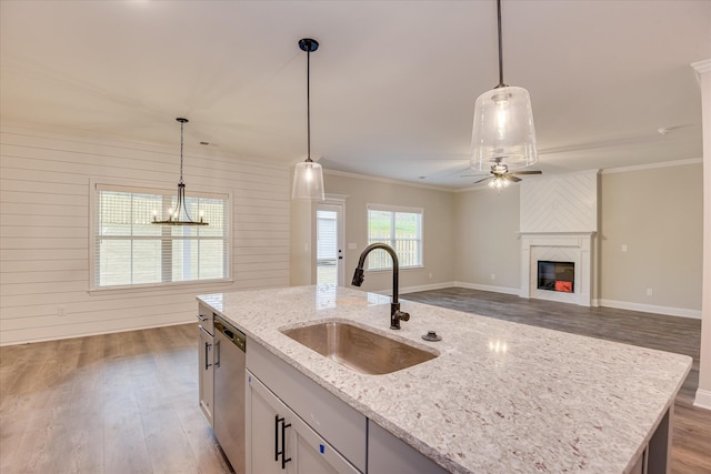 5265 Greyton Cir, North Augusta, SC 29860 - kitchen featuring a sink, stainless steel dishwasher, wood finished floors, ornamental molding, and ceiling fan