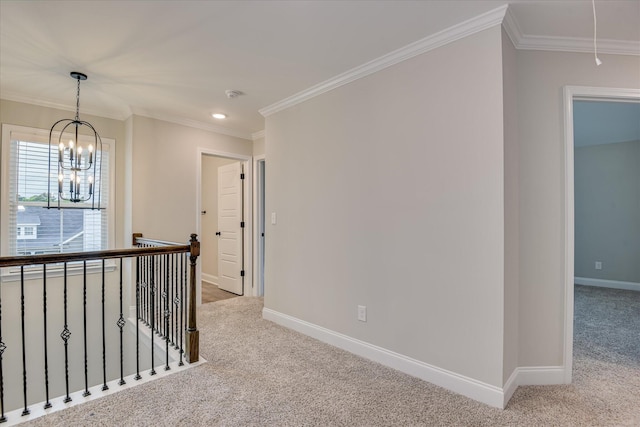 5265 Greyton Cir, North Augusta, SC 29860 - corridor featuring carpet flooring, a chandelier, an upstairs landing, ornamental molding, and baseboards