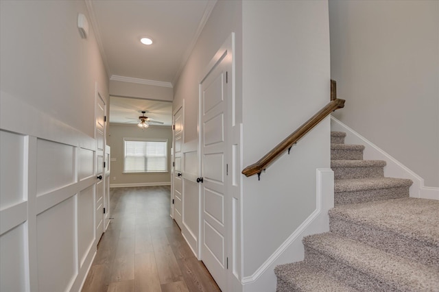 5265 Greyton Cir, North Augusta, SC 29860 - stairway with wood finished floors, ornamental molding, a ceiling fan, recessed lighting, and baseboards