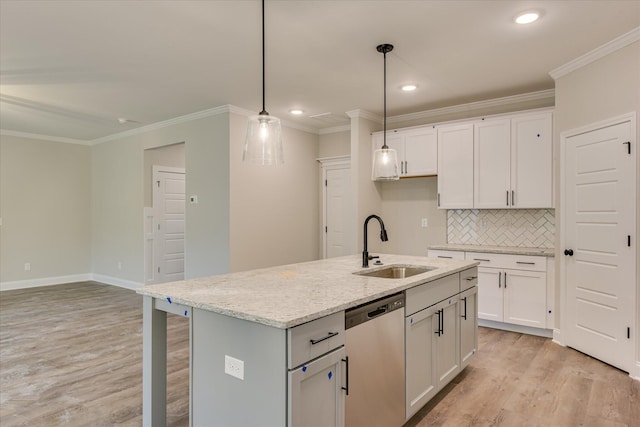 5265 Greyton Cir, North Augusta, SC 29860 - kitchen featuring stainless steel dishwasher, a sink, crown molding, light wood-style flooring, and decorative backsplash