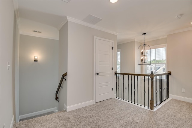 5265 Greyton Cir, North Augusta, SC 29860 - hallway featuring crown molding, a chandelier, baseboards, an upstairs landing, and carpet flooring