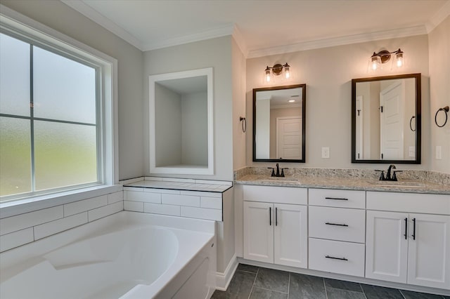 5265 Greyton Cir, North Augusta, SC 29860 - full bathroom featuring double vanity, a garden tub, and ornamental molding