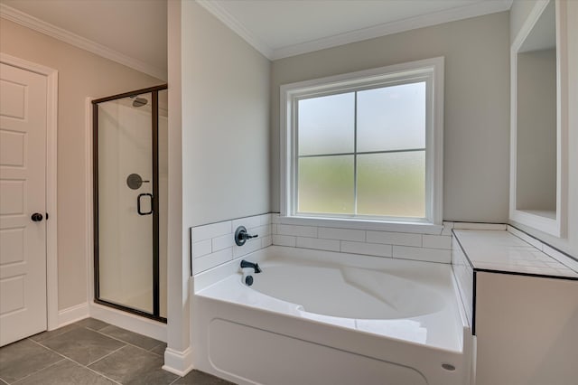 5265 Greyton Cir, North Augusta, SC 29860 - full bathroom with a garden tub, a shower stall, crown molding, and tile patterned floors