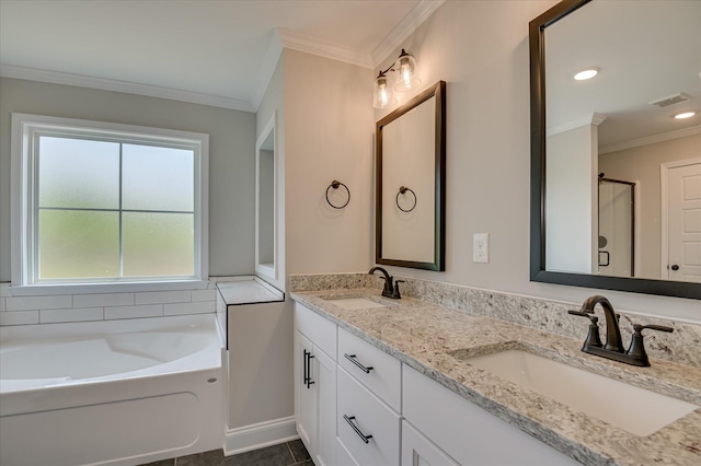5265 Greyton Cir, North Augusta, SC 29860 - full bathroom with ornamental molding, double vanity, a bath, baseboards, and recessed lighting