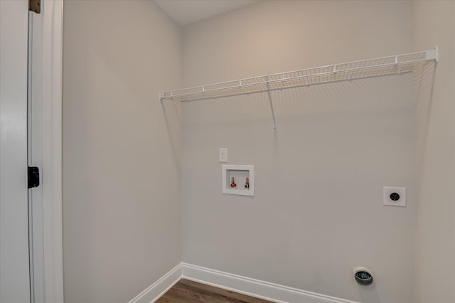 5265 Greyton Cir, North Augusta, SC 29860 - laundry area with electric dryer hookup, hookup for a washing machine, baseboards, and dark wood-type flooring