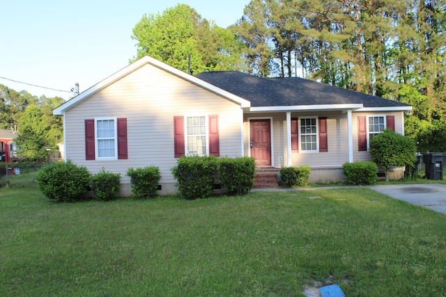 ranch-style house featuring a front yard, crawl space, and roof with shingles