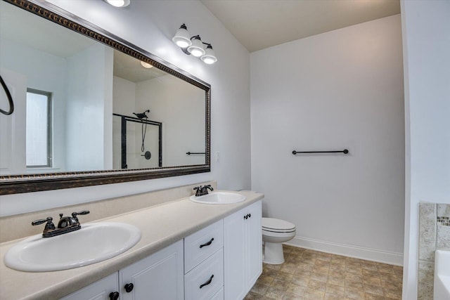 full bathroom featuring vanity, toilet, and plus walk in shower