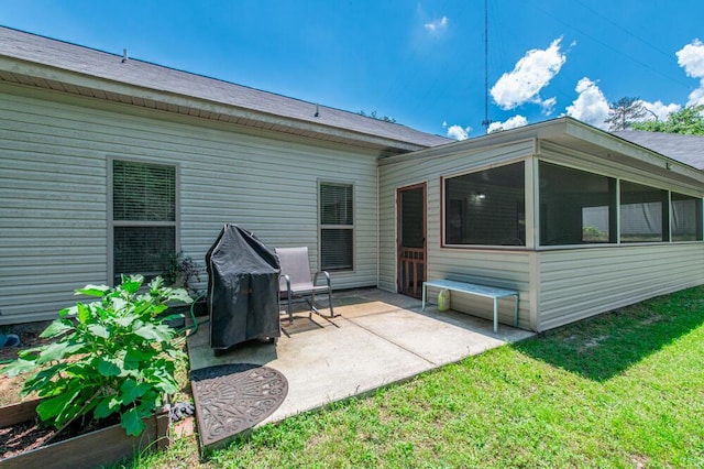 rear view of house featuring a patio area, a sunroom, and a yard