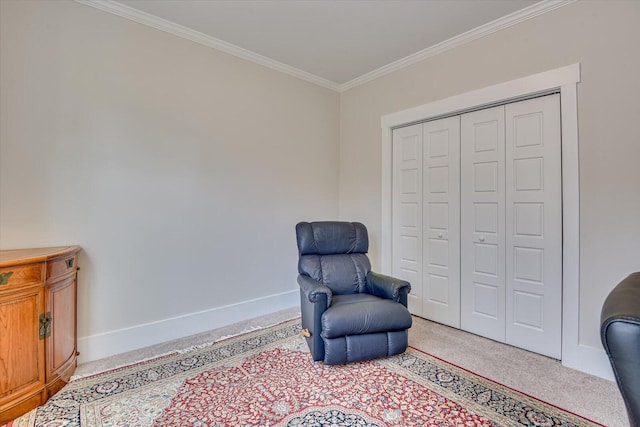 sitting room with carpet and ornamental molding