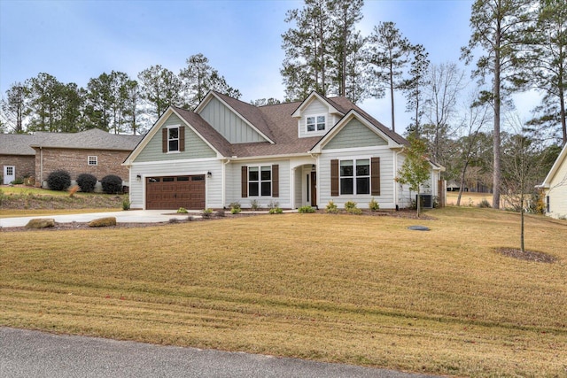 craftsman inspired home with central air condition unit and a front lawn