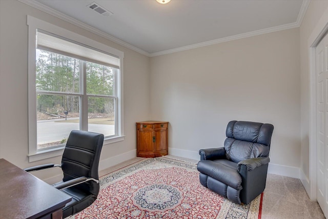 office featuring crown molding, plenty of natural light, and light colored carpet