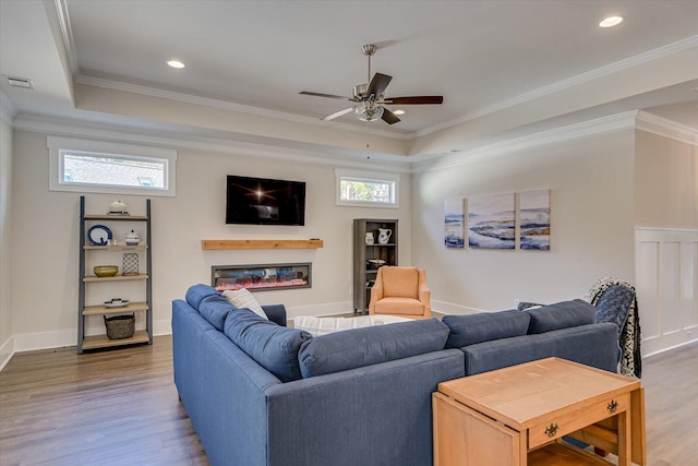 living room with a raised ceiling, hardwood / wood-style flooring, ceiling fan, and ornamental molding